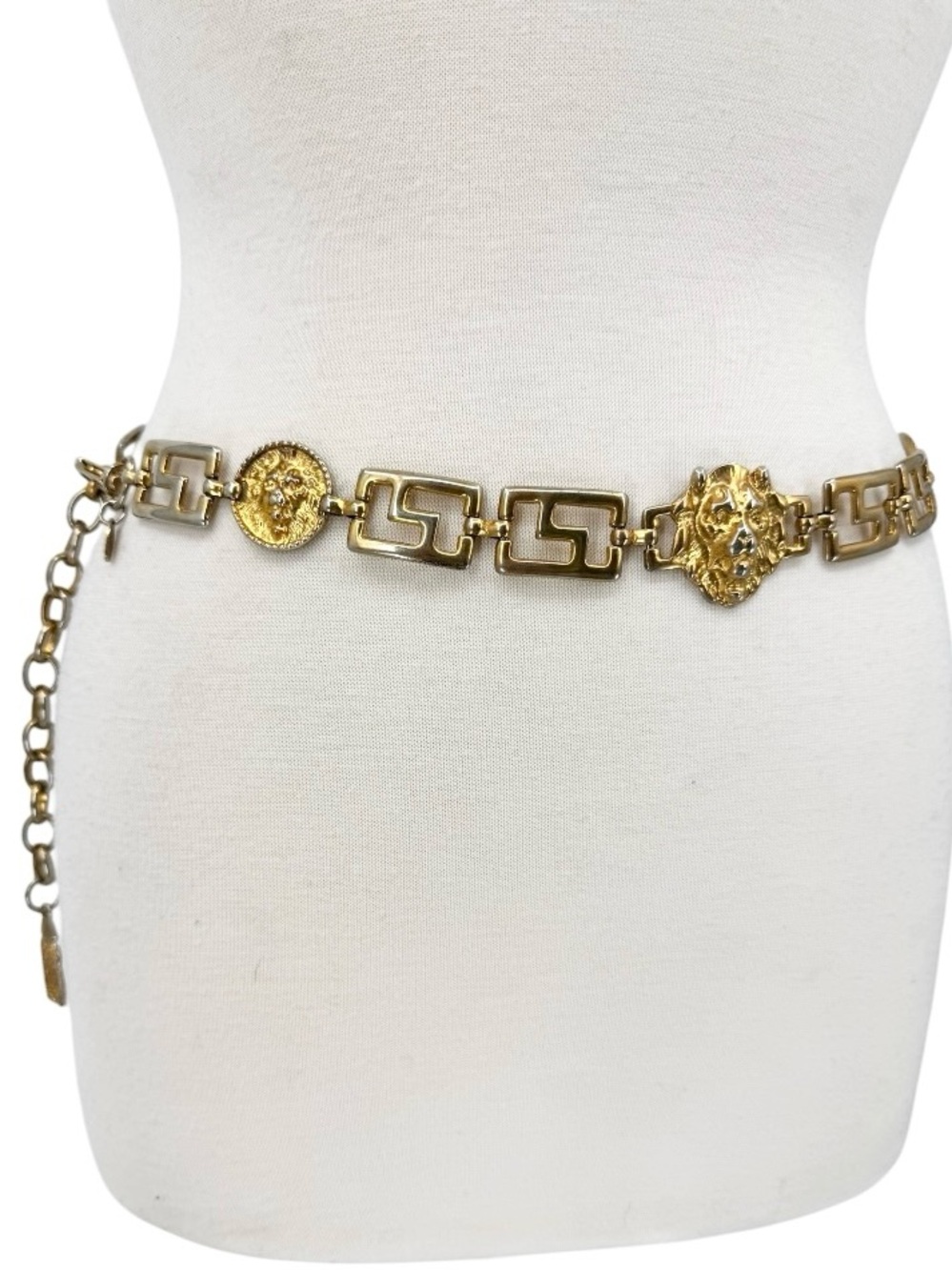 Vintage Gold Lion Head Medallion and Greek Key Chain Belt